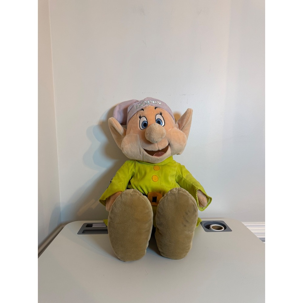 Disney Dopey Plush Toy Kids 24" Snow White Dwarf Lime Green Tunic Purple Hat